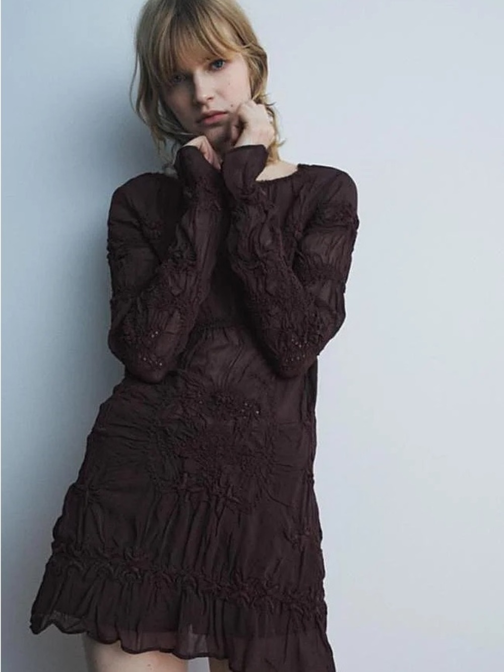 Women's Brown Long-Sleeve Textured Mini Dress